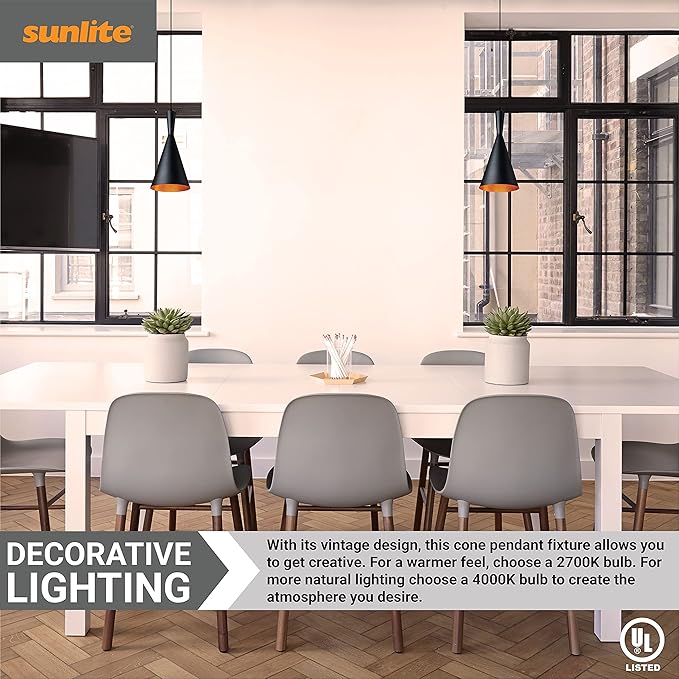 Sunlite 7-Inch Vintage Inspired Cone Pendant Farmhouse Décor, Max 60 Wattage, Medium Base Socket (E26), 74" Adjustable Cord Length, Copper, Interior, Matte Black Shade, UL Listed