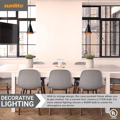 Sunlite 7-Inch Vintage Inspired Cone Pendant Farmhouse Décor, Max 60 Wattage, Medium Base Socket (E26), 74" Adjustable Cord Length, Copper, Interior, Matte Black Shade, UL Listed