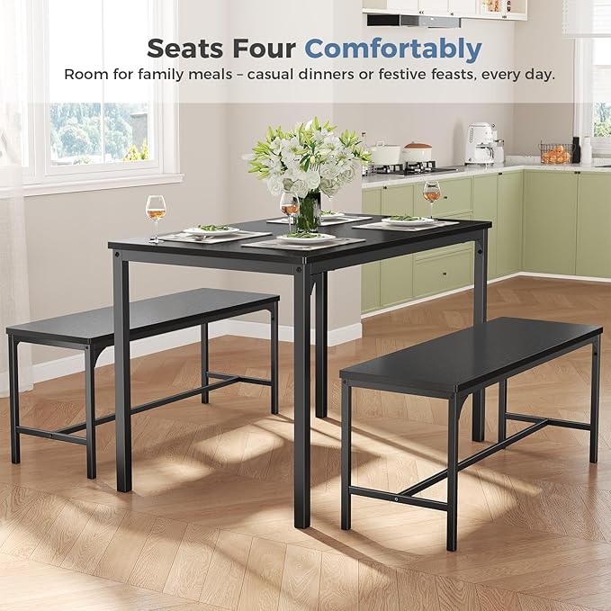 DUMOS Dining Table, Dining Table Set for 4 with Bench, Easy to Assemble Kitchen Table, Space-Saving Ideal 4-Person Set for Dining Room Kitchen Apartment Corner Dark Black 3 Pack