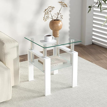 IANIYA Modern Glass Side Table, 2-Tier End Table with Tempered Glass Top & Metal Legs, Night Stand Corner Small Table for Living Room, Bedroom, Small Space White