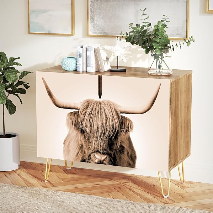 SIGNWIN Sideboard Buffet Cabinet, Kitchen Storage Cabinet with 2 Doors, Duotone Sepia Shetland Cow, Cupboard Console Table for Dining Room - 35" L x 18" W x 29" H