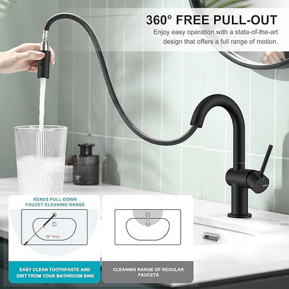 KENES Pull Down Bathroom Faucet with Sprayer, Matte Black Single Handle Bathroom Sink Faucet with Pull Out Sprayer, Vanity Bar Faucet with Pop Up Drain & Deck Plate, KE-9065B-2