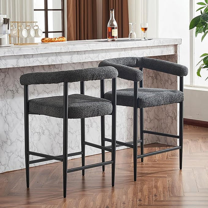 Modern Upholstered Bar Stools Set of 2, Boucle Fabric Counter Height Chairs with Metal e Armrests, Kitchen Island Bar Chairs for Home, Dining Room, Cafe,Dark Grey