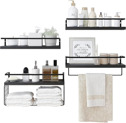 Black Wood Floating Shelves Wall Mounted - 3+1 Tier Rustic Bathroom Wall Shelves Over Toilet with Wire Storage Basket and Towel Bar, set of 4 Farmhouse Floating Shelf for Bathroom, Kitchen, Bedroom.