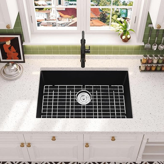 Rhbamoa 31 Inch Black Kitchen Sink,Matte Black Granite Composite Undermount Kitchen Sink,9 Inch Depth Single Bowl Quartz Sinks with Accessories