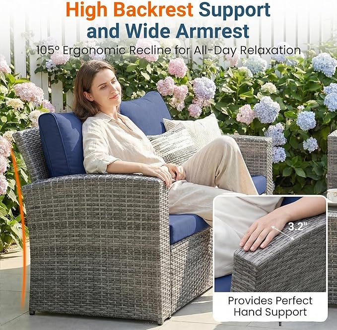 Wisteria Lane Patio Furniture Set, 5 Pieces Wicker Outdoor Furniture for All Weather, Patio Sofa with High Backrest Support and Wide Armrest for Backyard, Balcony, Deck, Porch, Navy Blue