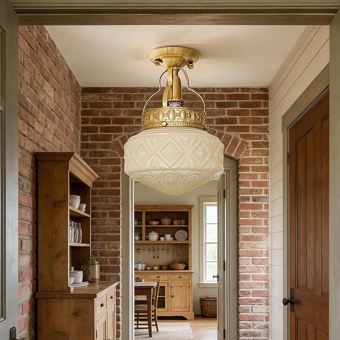 Bofea-Gold Semi Flush Mount Ceiling Light,Brass Light Fixture,Vintage Milk Yellow Glass Flush Mount Ceiling Lights,Hallway Light Fixtures,Mid Century Chandelier for Foyer Bedroom Bathroom