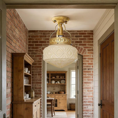 Bofea-Gold Semi Flush Mount Ceiling Light,Brass Light Fixture,Vintage Milk Yellow Glass Flush Mount Ceiling Lights,Hallway Light Fixtures,Mid Century Chandelier for Foyer Bedroom Bathroom