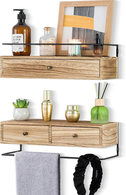dreampossible 2-Pack Rustic Floating Shelves with Drawer, Wall Mounted Bathroom Shelf, 15.8 Inch Long, Brown Wood & Metal, 30 lbs Capacity