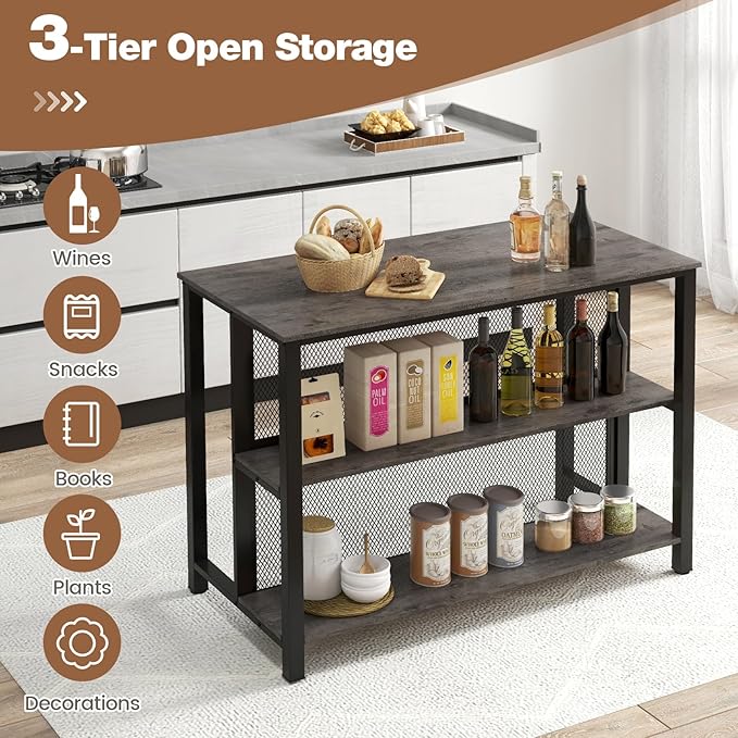 COSTWAY Home Bar Unit, 3-Tier Bar Table with Storage Shelves, Metal Frame, Adjustable Foot Pads, Breakfast Corner Bar Cabinet for Kitchen Island Dining Room (Grey)