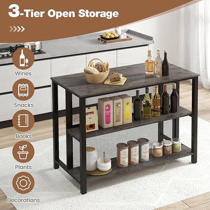 COSTWAY Home Bar Unit, 3-Tier Bar Table with Storage Shelves, Metal Frame, Adjustable Foot Pads, Breakfast Corner Bar Cabinet for Kitchen Island Dining Room (Grey)