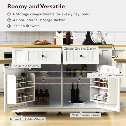 Merax Farmhouse Kitchen Island on Wheels with Drop Leaf & Power Outlet, Wood Kitchen Rolling Cart with Internal Storage Rack, 2 Drawers & 5 Side Shelves, 48" Wide White