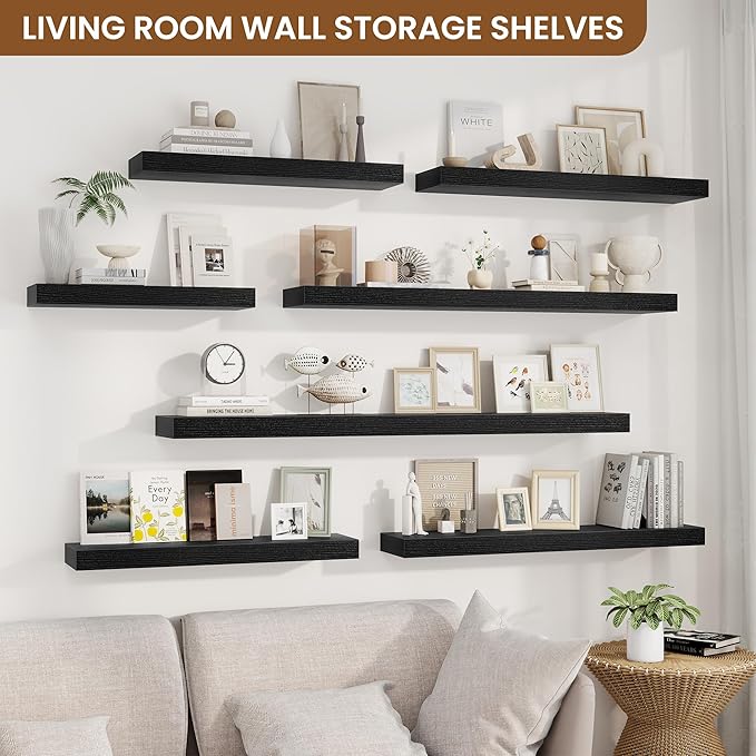 fuqing Floating Shelves for Wall, Wall Mounted Wood Floating Shelf with Invisible Brackets for Living Room, Bathroom, Bedroom, Kitchen Storage and Decor, 36 Inch Set of 2, Black