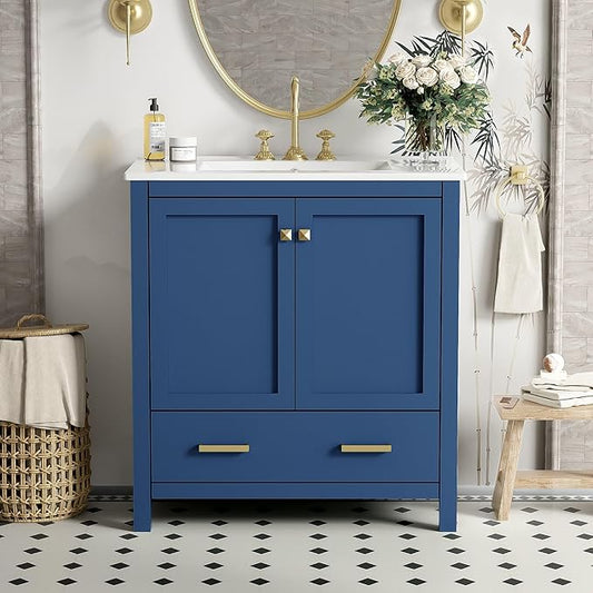 GDFStudio 30" Bathroom Vanity Sink Combo with 1 Drawers & 2 Soft Closing Doors Floor Mount Freestanding Wood Bathroom Storage Cabinet Set with Ceramic Basin Sink Top for Small Bathroom Space, Blue
