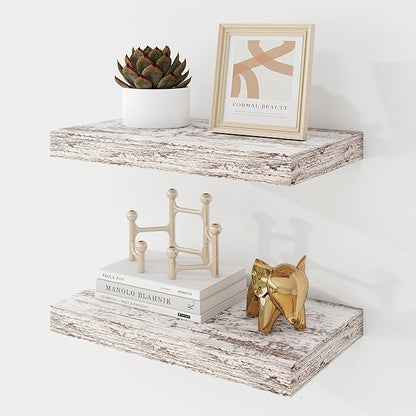 Acovy 16 Inch Floating Shelves, 9.3" Deep Floating Shelf Wall Mounted, 16" Wall Shelves, Rustic Deep Bookshelf, Large Display Shelves & Storage Shelves for Bedroom, Living Room, Rustic, Set of 2
