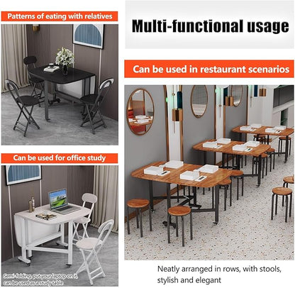 Wooden Foldable Kitchen Table with 6 Wheels，Drop Leaf Dining Table, Multifunction Expandable Folding Table, Space Saving Folding Kitchen Table, Seats 2-8 People, for Kitchen/Farmhouse/Living Room(Whit