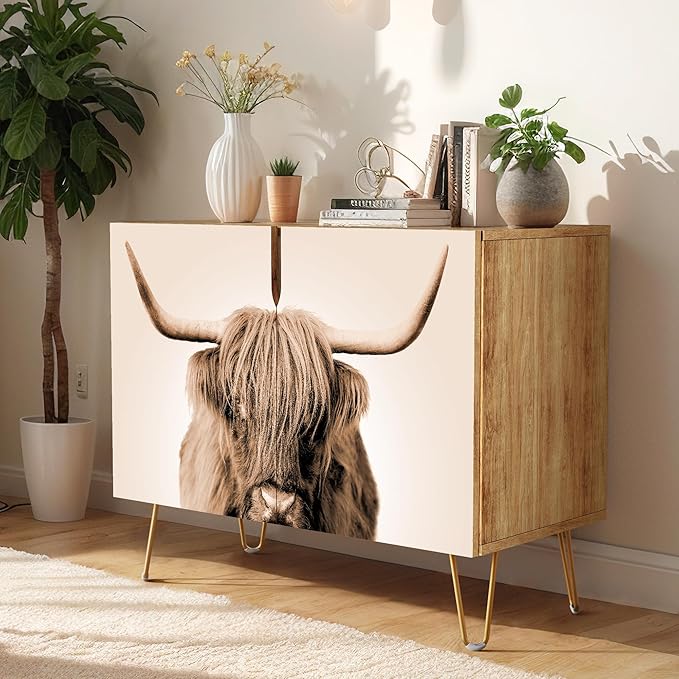SIGNWIN Sideboard Buffet Cabinet, Kitchen Storage Cabinet with 2 Doors, Duotone Sepia Shetland Cow, Cupboard Console Table for Dining Room - 35" L x 18" W x 29" H