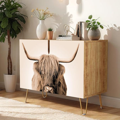 SIGNWIN Sideboard Buffet Cabinet, Kitchen Storage Cabinet with 2 Doors, Duotone Sepia Shetland Cow, Cupboard Console Table for Dining Room - 35" L x 18" W x 29" H
