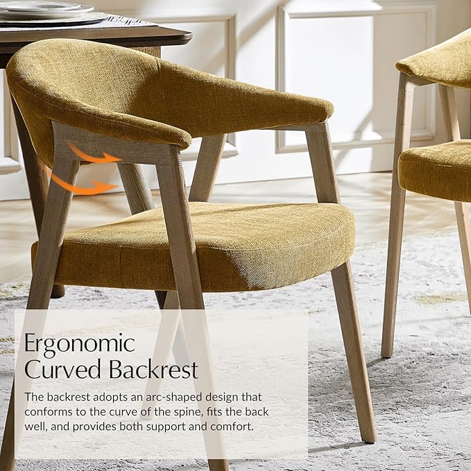 HULALA HOME Dining Chairs with Arm Set of 4, Mid-Century Modern Upholstered Kitchen Dining Room Chair with Solid Wood Legs & Curved Backtrst, Armchairs Accent Chairs for Living Room - Golden