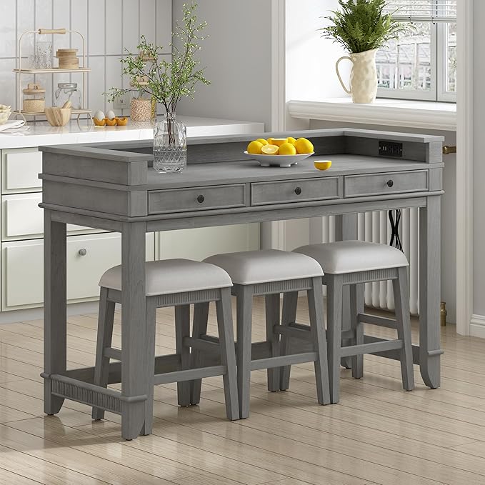 4-Piece Counter High Bar Table Set with Drawers & Charging Station,Counter Height Dining Table Set with Rectangle Table & 3 Upholstered Chairs,Dinette sets for Breakfast Nook,Small Place,Light Grey