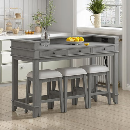 4-Piece Counter High Bar Table Set with Drawers & Charging Station,Counter Height Dining Table Set with Rectangle Table & 3 Upholstered Chairs,Dinette sets for Breakfast Nook,Small Place,Light Grey