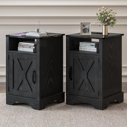 RoyalCraft 25" Tall Nightstands Set of 2, Farmhouse Nightstand with Charging Station, Large Wood End Table with Storage, Black Bedside Table for Bedroom
