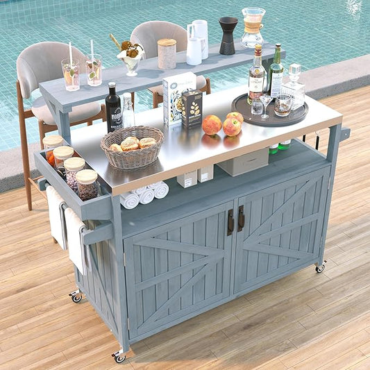 YOPTO 53.3" Outdoor Kitchen Island with Raised Shelf,Solid Wood Grill Cart,Stainless Steel Top,Adjustable Shelf,Spice Rack,Lockable Wheels,Grey Blue