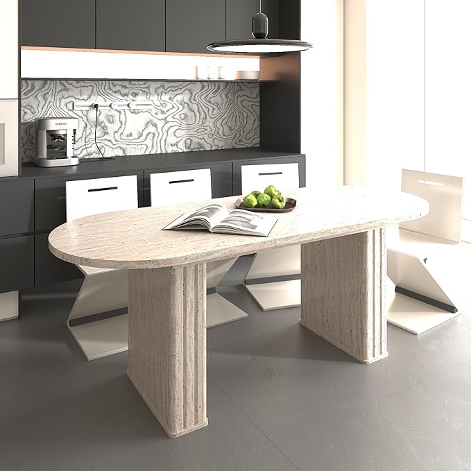 Extendable Dining Room Table for 4 6 8, 78.74" to 62.99" Beige Faux Travertine Marble Pattern Modern Farmhouse Wooden Kitchen Expanding Long Large Expandable Conference Table with Pedestal Base