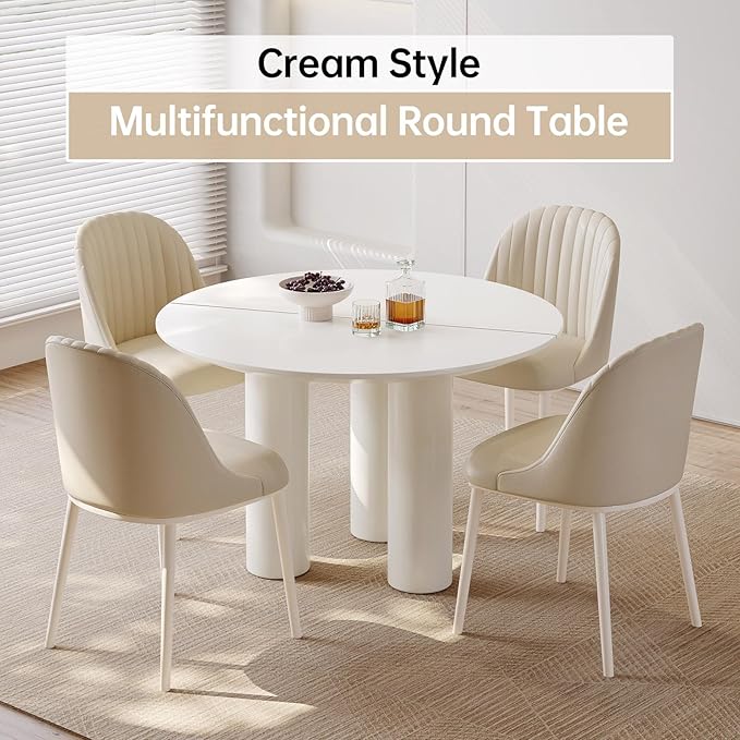 Guyii 46.06" Cream White Dining Table, Modern Round Kitchen Table, Indoor End Table for Kitchen, Bar, Living Room, Small Space, Easy Assembly, Table Only