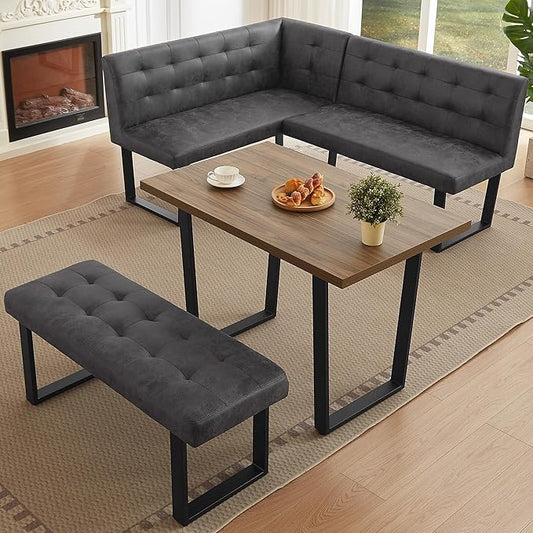HIPIHOM 3-Piece Corner Dining Table Set with Bench, 70 Inch Space-Saving Breakfast Nook for Kitchen & Dining Room(Walnut Table & R-Seat Grey Bench)