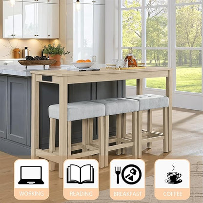 Merax 59 inch Bar Table Set with Power Outlet & Charging Hub, Industrial Solid Wood High Top Table with 3 Linen Upholstered Stools for Kitchen, Living Room, Dining Room,Light Oak+Linen Grey