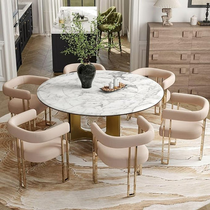 Hyfirm Velvet Dining Chairs Set of 6, Khaki Upholstered Barrel Armchairs with Gold Metal Legs for Kitchen Island, Mid Century Modern Accent Side Chairs for Dining Room and Living Room, Open-Back