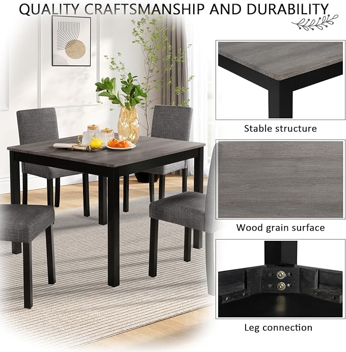 5-Piece Dining Table Set for 4, Wooden Kitchen Table and Chairs Set of 4, Square Dining Room Table with Upholstered Seats for Kitchen and Dining, Light Grey & Black Two Tone