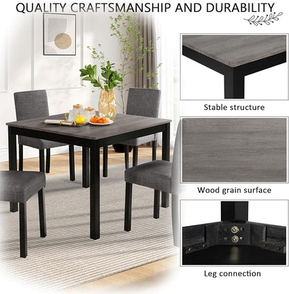 5-Piece Dining Table Set for 4, Wooden Kitchen Table and Chairs Set of 4, Square Dining Room Table with Upholstered Seats for Kitchen and Dining, Light Grey & Black Two Tone