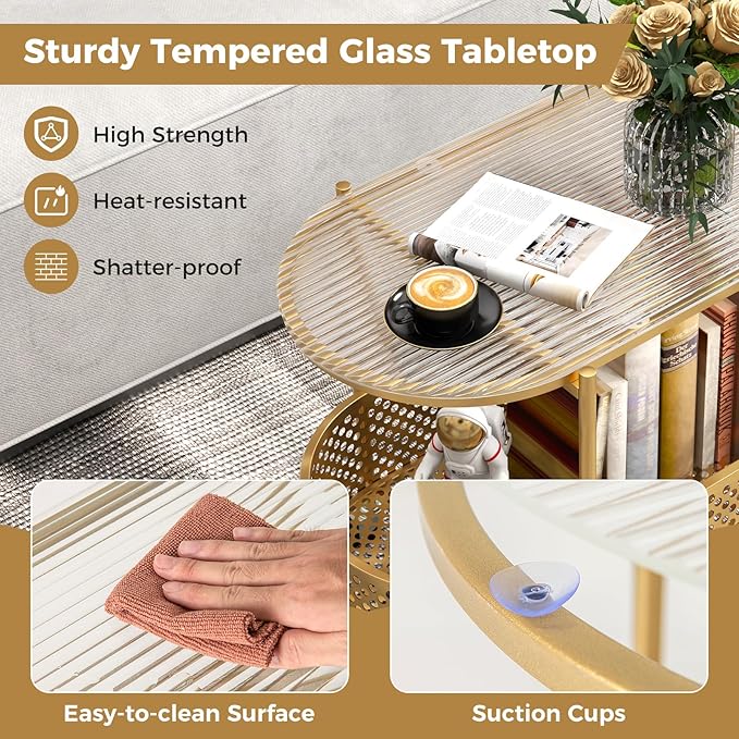 Giantex 2-Tier Modern Bear Pattern Coffee Table, Golden/White Lacquered Finish, Tempered Glass Top, Storage Basket, Wheels