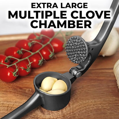 Zulay Kitchen Large Premium Garlic Press Set - Bigger Bowl for Bigger Garlic - Rust Proof Garlic Mincer Tool - Easy-Squeeze, Easy-Clean Silicone Garlic Peeler & Brush (Dark Gray)