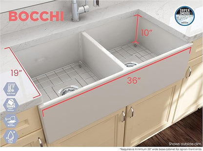 BOCCHI Contempo Farmhouse Apron Front Fireclay 36 in. Double Bowl Kitchen Sink with Protective Bottom Grid and Strainer in Biscuit