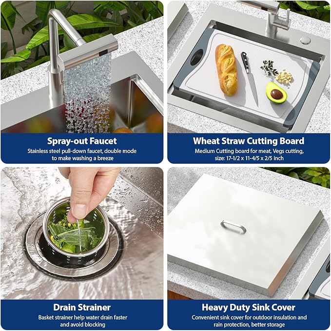Sarlai Outdoor Sink - 21 x 20 Inch Drop In Workstation Kitchen Sink with Dust Lid and Faucet 16 Gauge Stainless Steel Single Bowl Bar Basin with Cutting Board BBQ Basin Outside