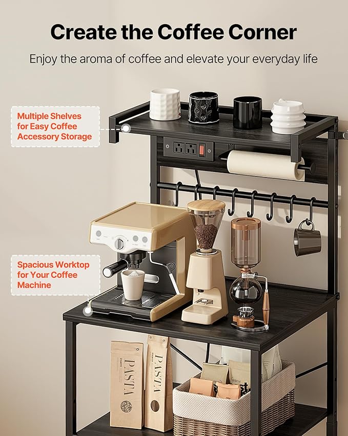 VEVOR Kitchen Bakers Rack with Power Outlets, 23.6 x 15.7 x 55.1 Inch Microwave Stand with Built-in Power Strip & 4.6 Ft Cord, 8 S-Shaped Hooks, for Dish Storage, Spice Jars, Coffee Bar Organization