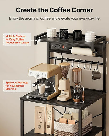 VEVOR Kitchen Bakers Rack with Power Outlets, 23.6 x 15.7 x 55.1 Inch Microwave Stand with Built-in Power Strip & 4.6 Ft Cord, 8 S-Shaped Hooks, for Dish Storage, Spice Jars, Coffee Bar Organization