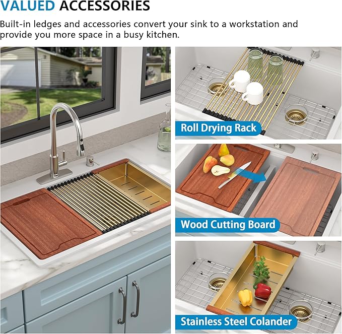 33 Granite Composite Kitchen Sink Double Bowl - Fulorni 33"x22" Granite Kitchen Sink White Ledge Workstation Drop in Topmount Double Bowl 50/50 Luxury Quartz Classic Above Counter Basin