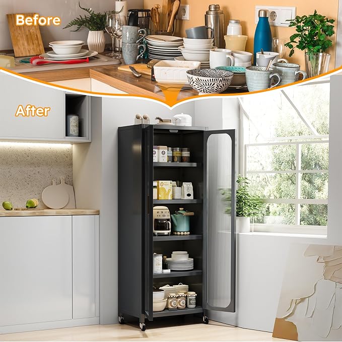 Runboll Kitchen Pantry Storage Cabinet, 6 Tier Metal Sideboard with Wheels and Acrylic Glass Door, Modern Display Curio Cabinet Bookcase