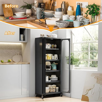 Runboll Kitchen Pantry Storage Cabinet, 6 Tier Metal Sideboard with Wheels and Acrylic Glass Door, Modern Display Curio Cabinet Bookcase