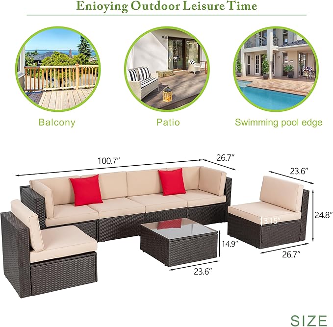 Vongrasig 8 Pieces Patio Furniture Set with 43" Fire Pit, Outdoor Couch Sectional Set, Small Conversation Set, 50,000 BTU Gas Fire Pit Propane Fire Table with Lid, Glass Wind Guard, Beige