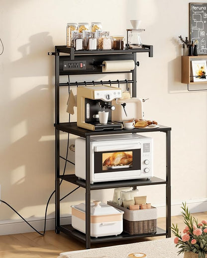 VEVOR Kitchen Bakers Rack with Power Outlets, 23.6 x 15.7 x 55.1 Inch Microwave Stand with Built-in Power Strip & 4.6 Ft Cord, 8 S-Shaped Hooks, for Dish Storage, Spice Jars, Coffee Bar Organization