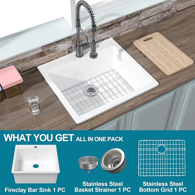 24x22 Drop In Kitchen Sink White 1 Hole, 24 Inch Small Fireclay Bar Sink Drop In Single Bowl, Topmount Heavy Duty Deep Basin, with 2 Accessories, Pure White, for Kitchen, Laundry, Outdoor