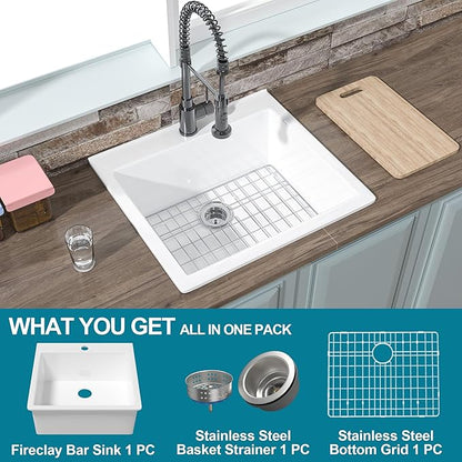 24x22 Drop In Kitchen Sink White 1 Hole, 24 Inch Small Fireclay Bar Sink Drop In Single Bowl, Topmount Heavy Duty Deep Basin, with 2 Accessories, Pure White, for Kitchen, Laundry, Outdoor