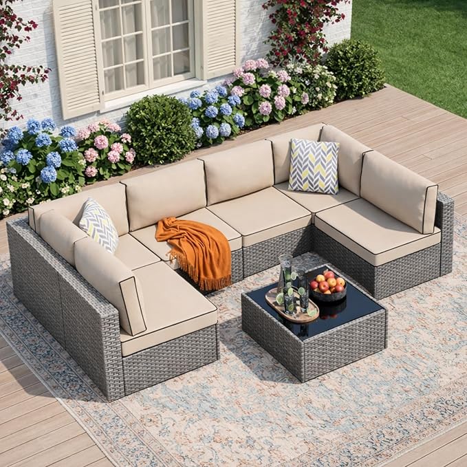 JAMFLY 7-Piece Outdoor Patio Furniture Set, Modular PE Rattan Sectional Sofa with Thick Cushions & Glass Coffee Table, Weather-Resistant Wicker Conversation Set for Poolside, Balcony, Garden, Khaki