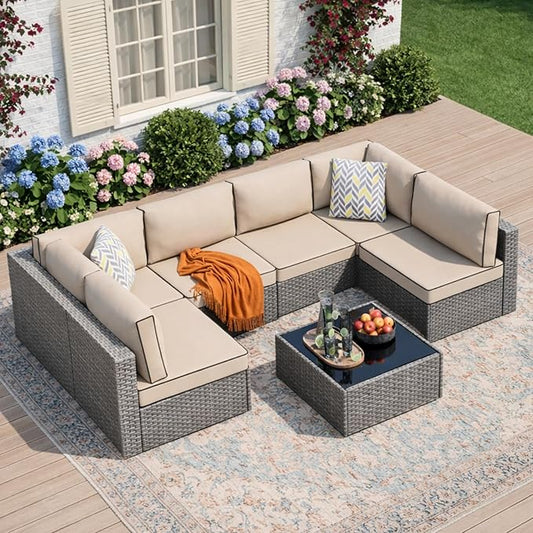 JAMFLY 7-Piece Outdoor Patio Furniture Set, Modular PE Rattan Sectional Sofa with Thick Cushions & Glass Coffee Table, Weather-Resistant Wicker Conversation Set for Poolside, Balcony, Garden, Khaki