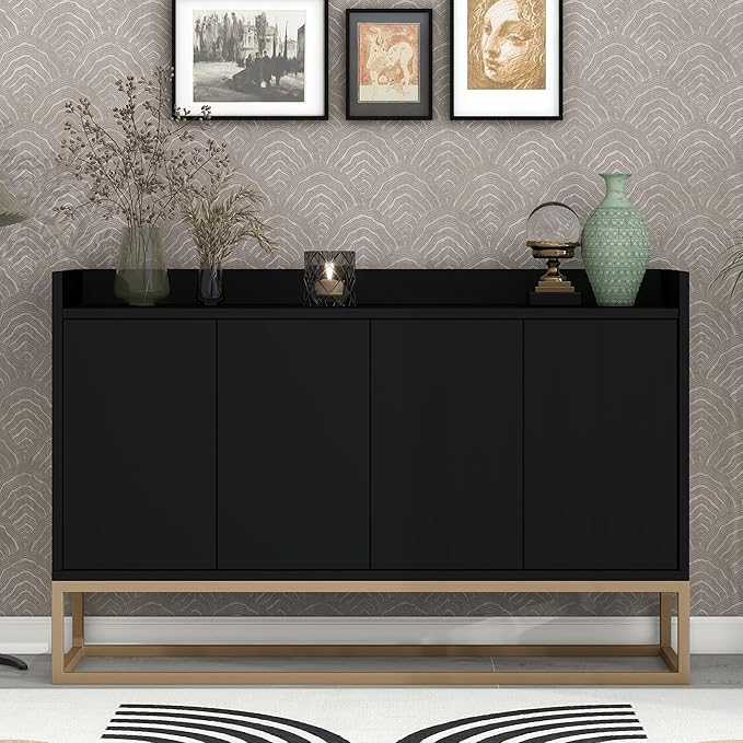 LUMISOL Modern Wood Kitchen Storage Sideboard Buffet Cabinet Console Table with Doors Wood Coffee Bar Cabinet with Shelves and Metal Base